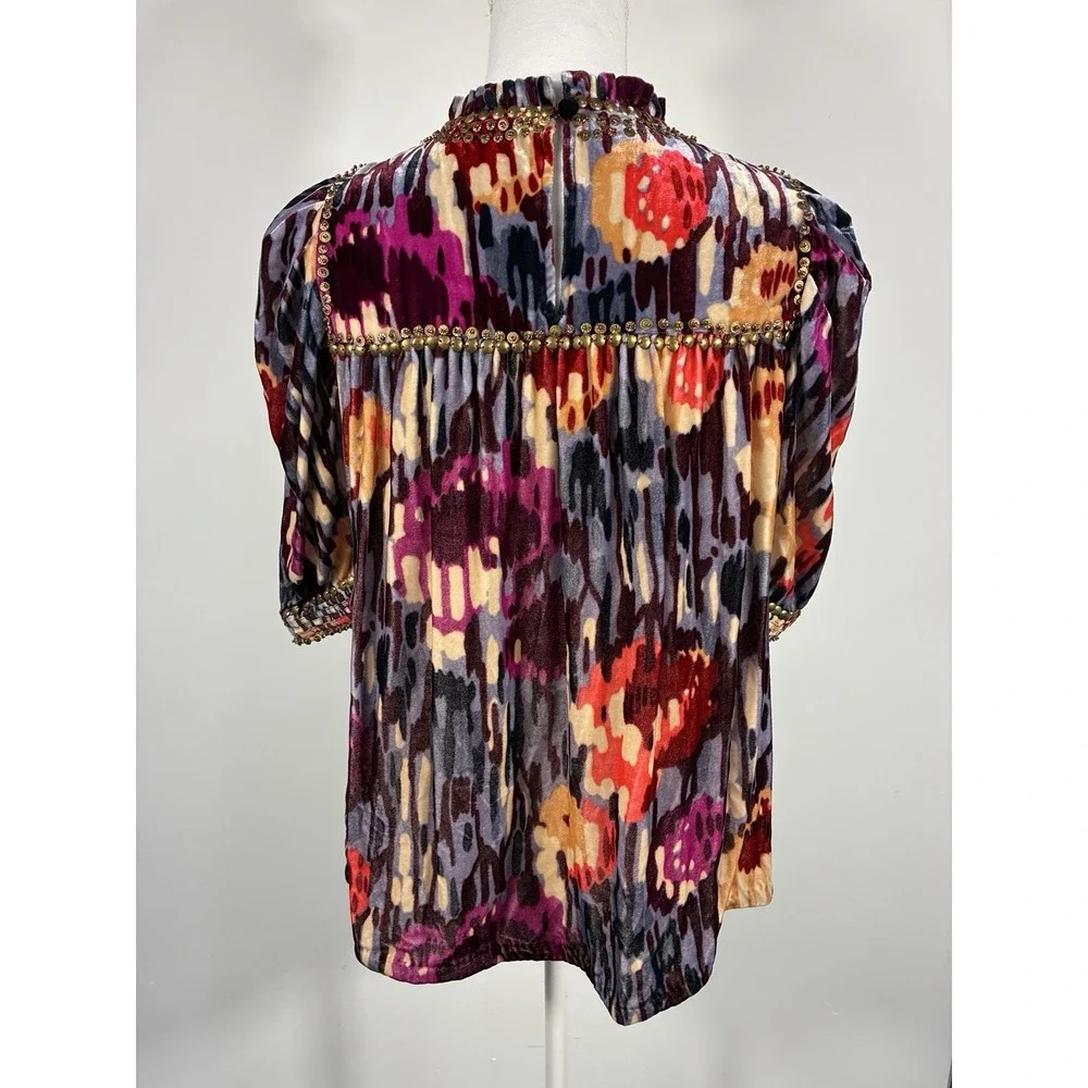 ULLA JOHNSON Size 2 Multi Color Velour Abstract Floral Beaded Blouse Boho